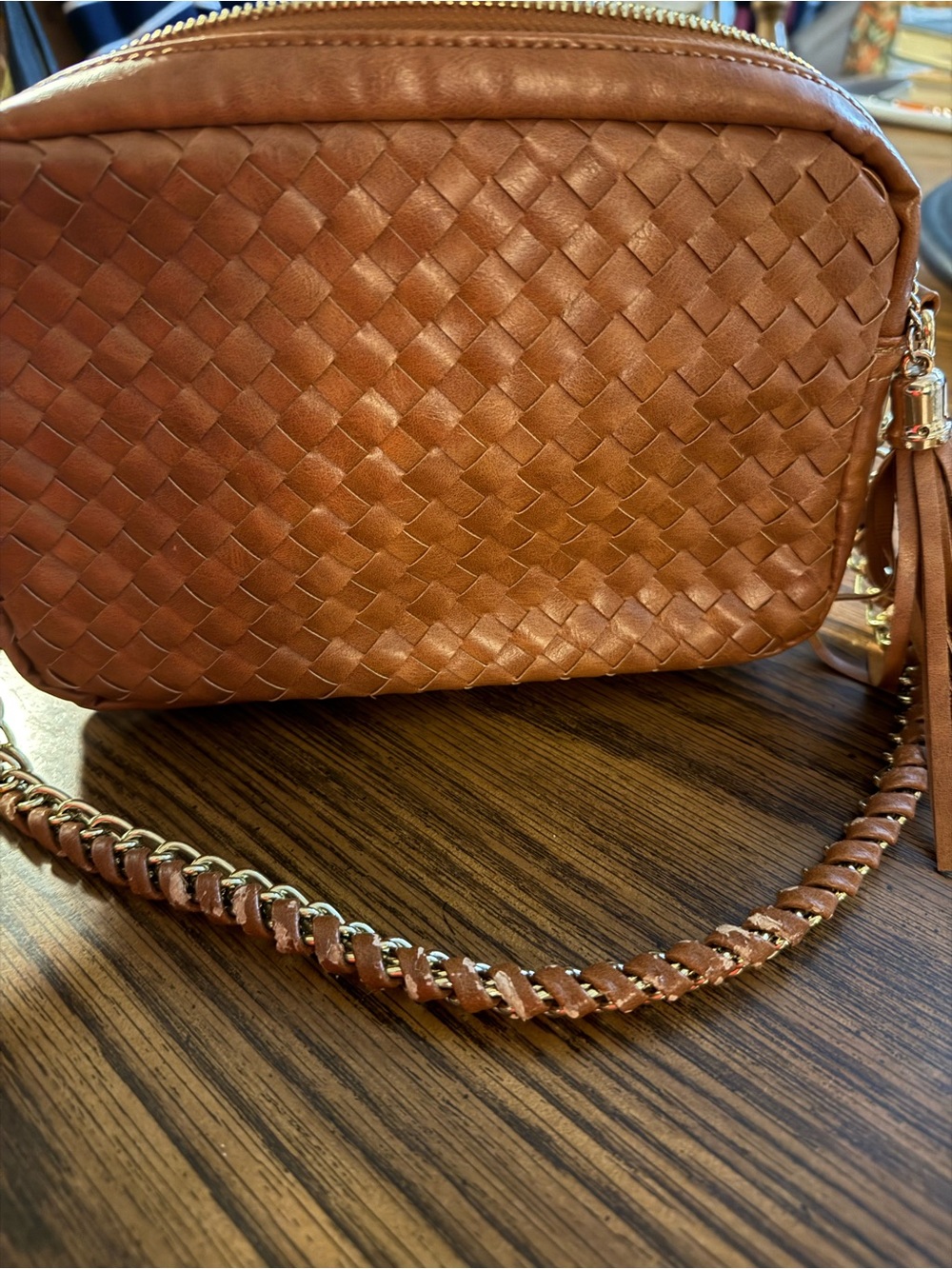 Pretty Simple Woven Shoulder Bag with Chain-Trim Strap in Cognac Brown